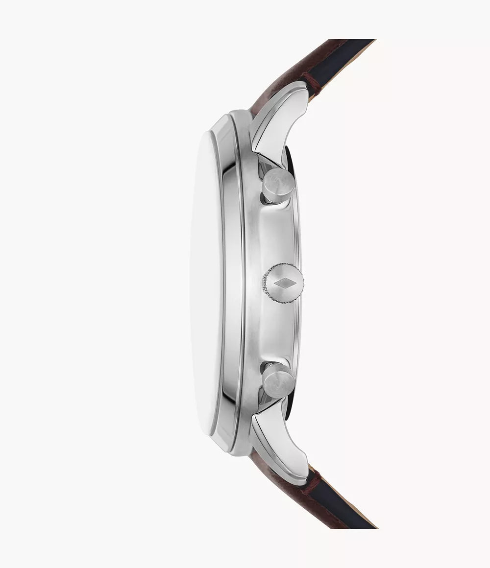 Side view of Fossil Neutra chronograph showing stainless steel case, pushers, and brown leather strap