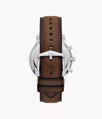 Fossil Neutra chronograph watch caseback view with brown leather strap