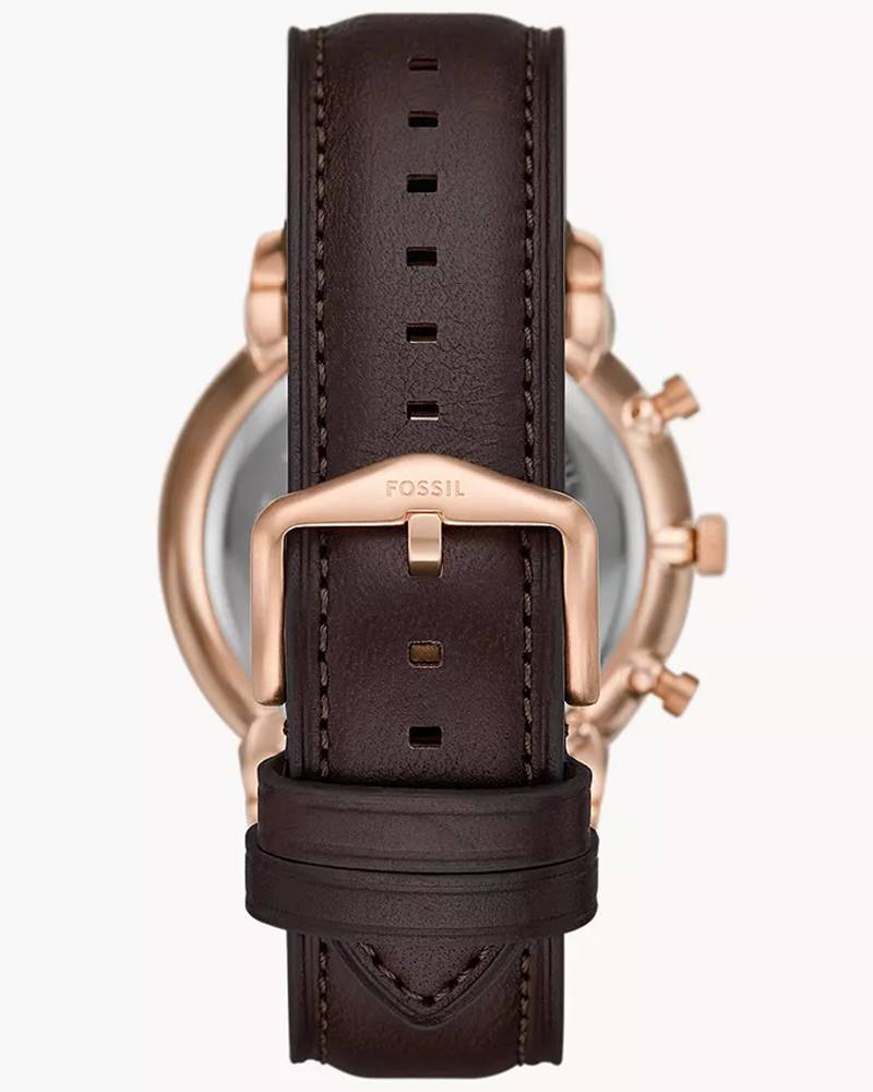 Caseback view of Fossil Neutra FS6073 with rose gold case and brown leather strap with buckle