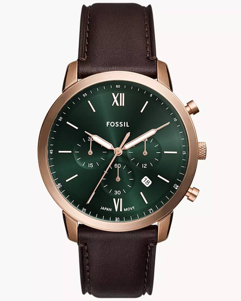 Fossil Neutra chronograph watch with green dial, rose gold case, Roman numerals, and brown leather strap