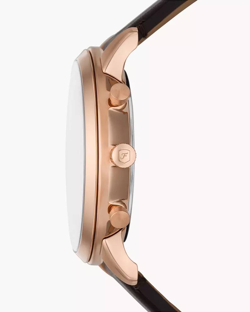 Side view of Fossil Neutra FS6073 showing rose gold case profile and brown leather strap