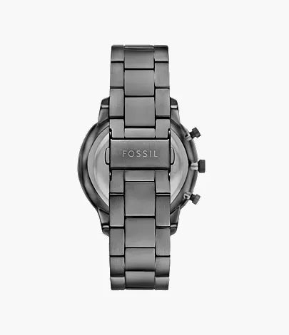 Fossil Neutra FS6111 caseback view showing smoke stainless steel bracelet and Fossil branding
