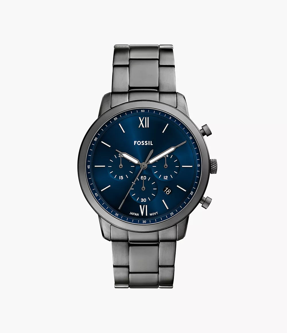 Fossil Neutra FS6111 chronograph watch with smoke stainless steel case and blue dial