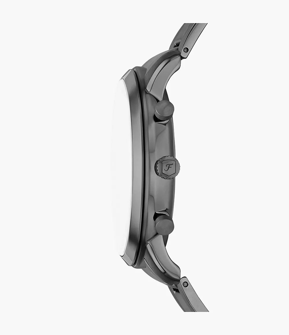 Fossil Neutra FS6111 side profile view of smoke stainless steel chronograph case