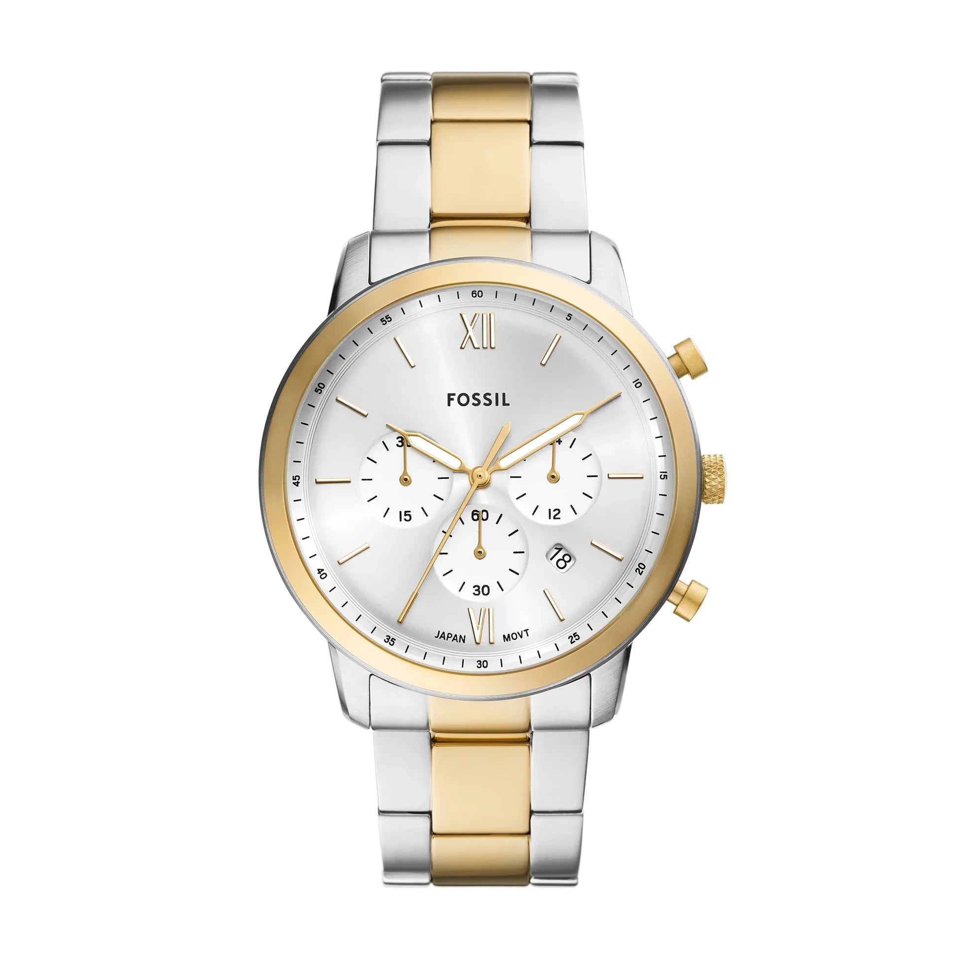 Fossil Neutra FS6112 two-tone chronograph watch with white dial and gold accents, front view