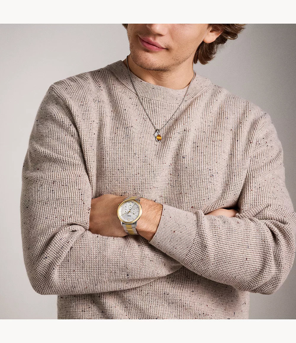 Fossil Neutra FS6112 two-tone chronograph watch worn on wrist, worn on model