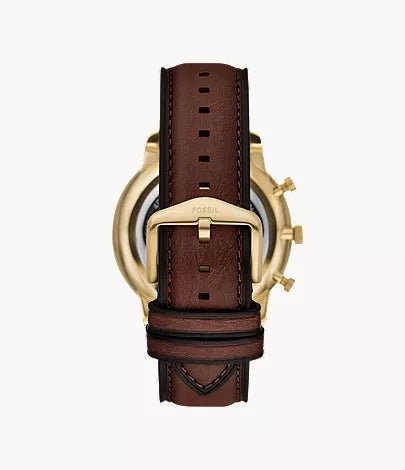 Fossil Neutra watch caseback showing brown leather strap with contrast stitching and gold-tone lugs