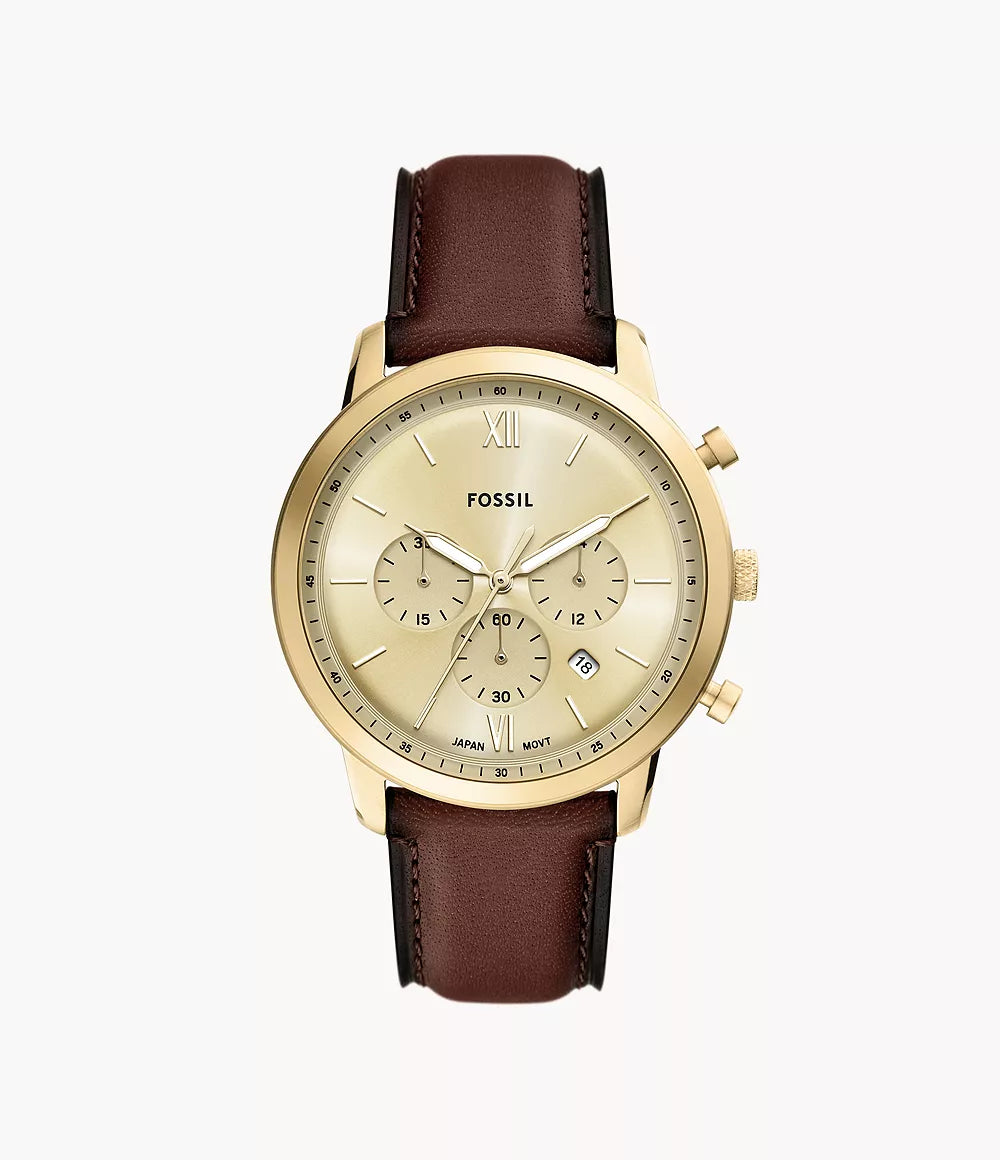 Fossil Neutra chronograph watch with gold-tone case, cream dial, and brown leather strap