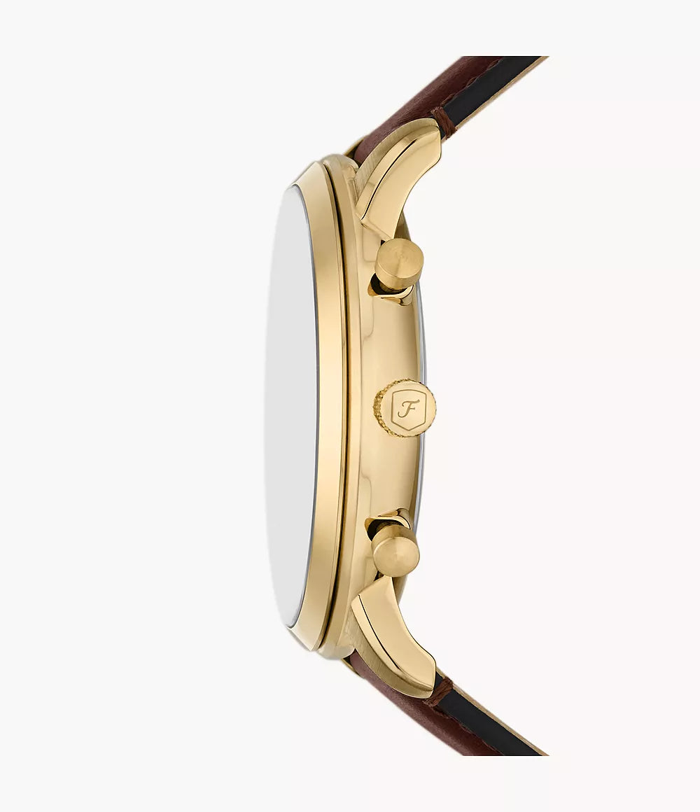 Fossil Neutra watch side profile displaying case depth and chronograph pushers on gold-tone case