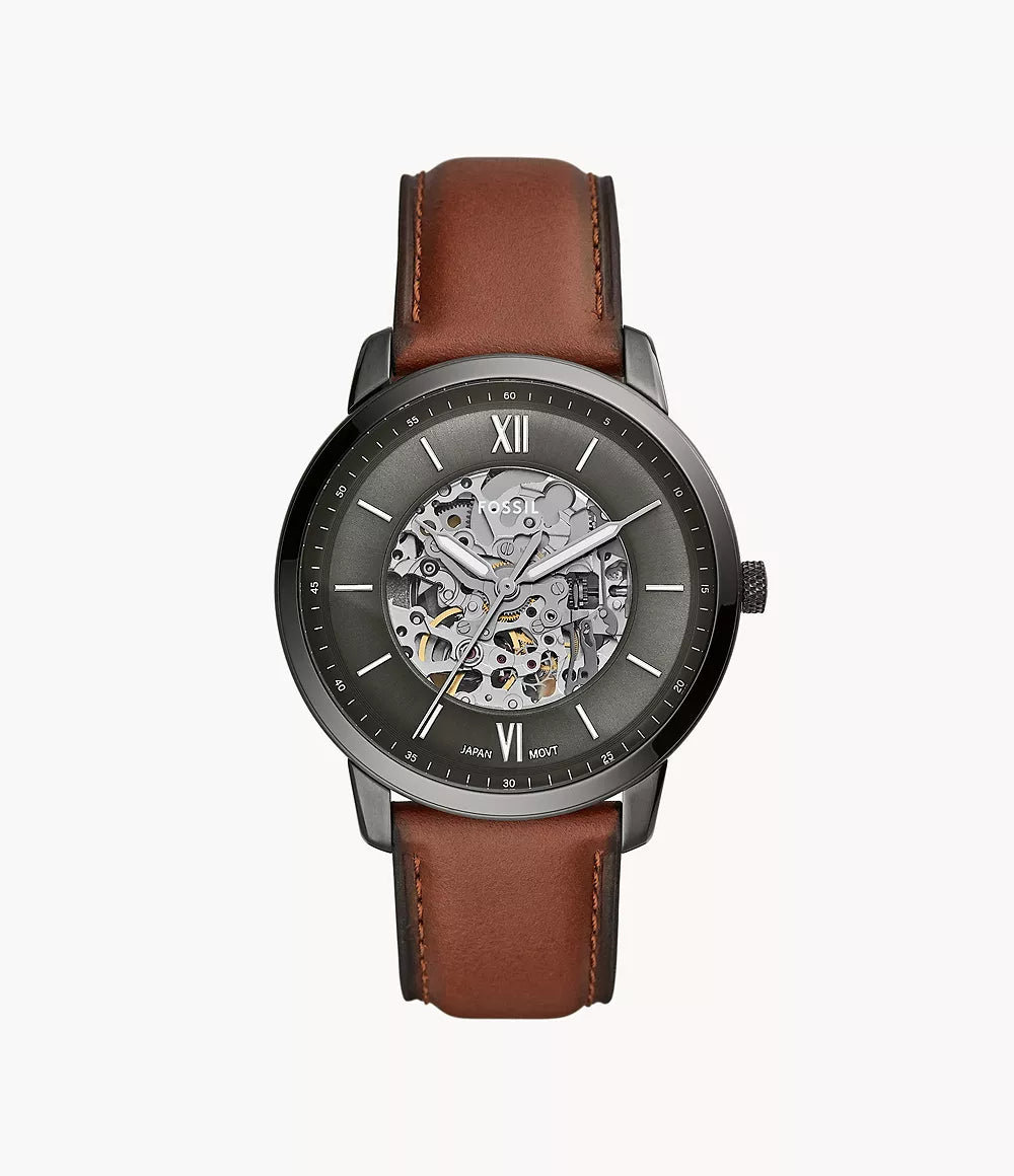 Fossil Neutra automatic men's watch with skeleton dial and amber leather strap