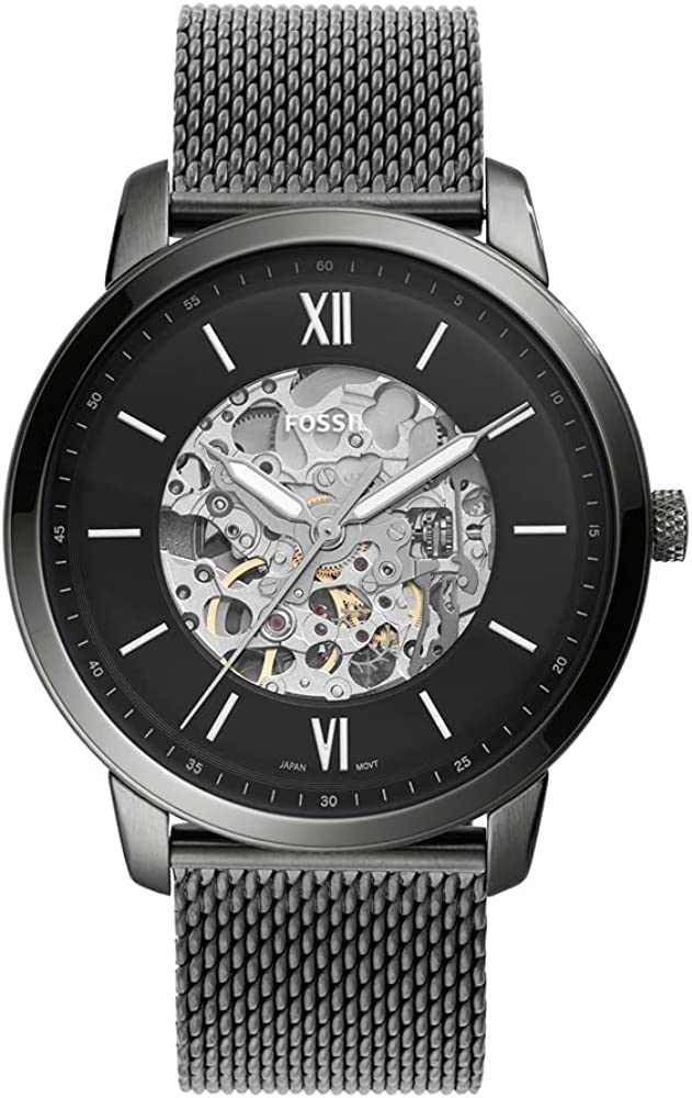 Fossil Neutra automatic men's watch with black skeleton dial and mesh strap