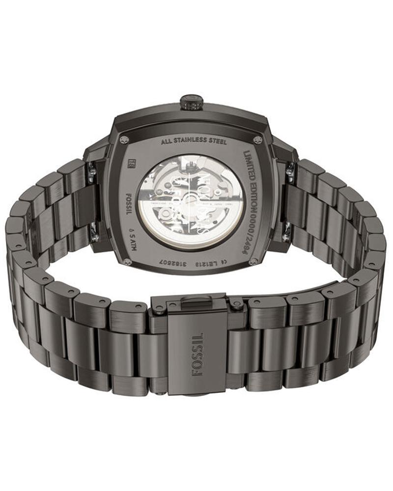 Caseback view showing visible automatic movement and stainless steel bracelet
