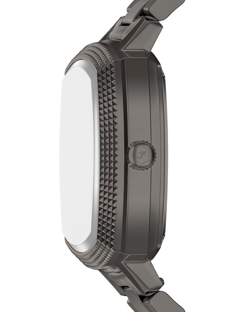Side profile of gunmetal square watch showing case thickness and textured bezel