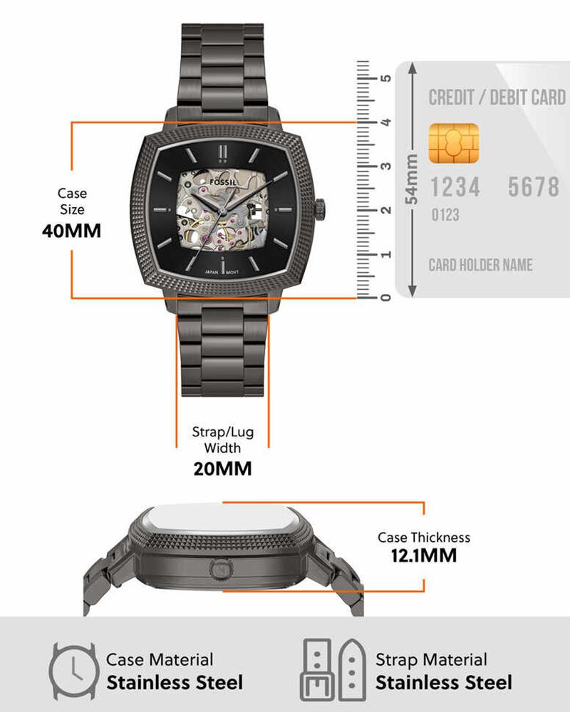 Watch specifications showing 40mm case size, 20mm strap width, 12.1mm thickness, and materials
