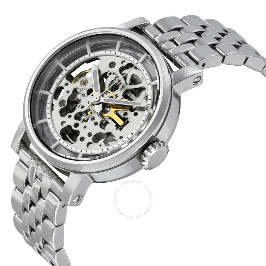 Fossil Original Boyfriend skeleton watch angled view showing dial and stainless steel bracelet
