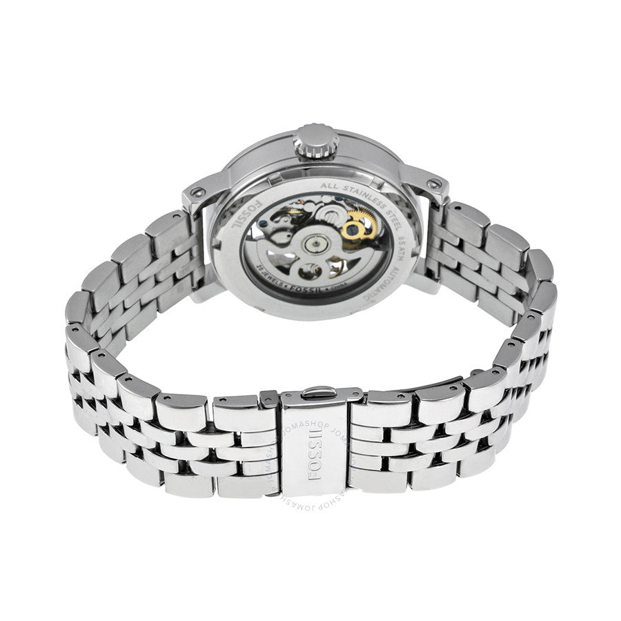 Fossil Original Boyfriend watch caseback revealing automatic movement mechanism