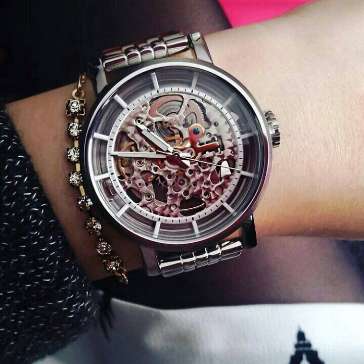Fossil Original Boyfriend automatic skeleton watch worn on wrist with visible mechanical movement