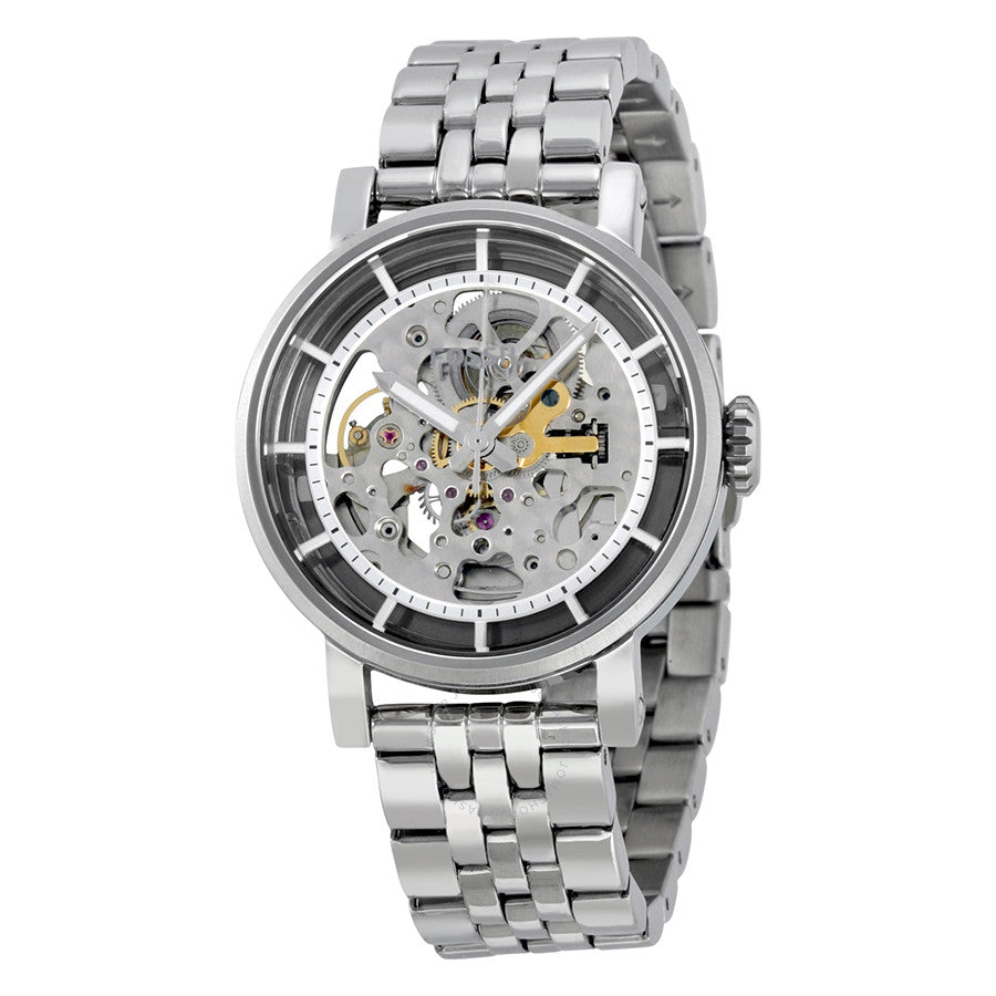 Fossil Original Boyfriend automatic skeleton watch with silver stainless steel bracelet and visible movement dial