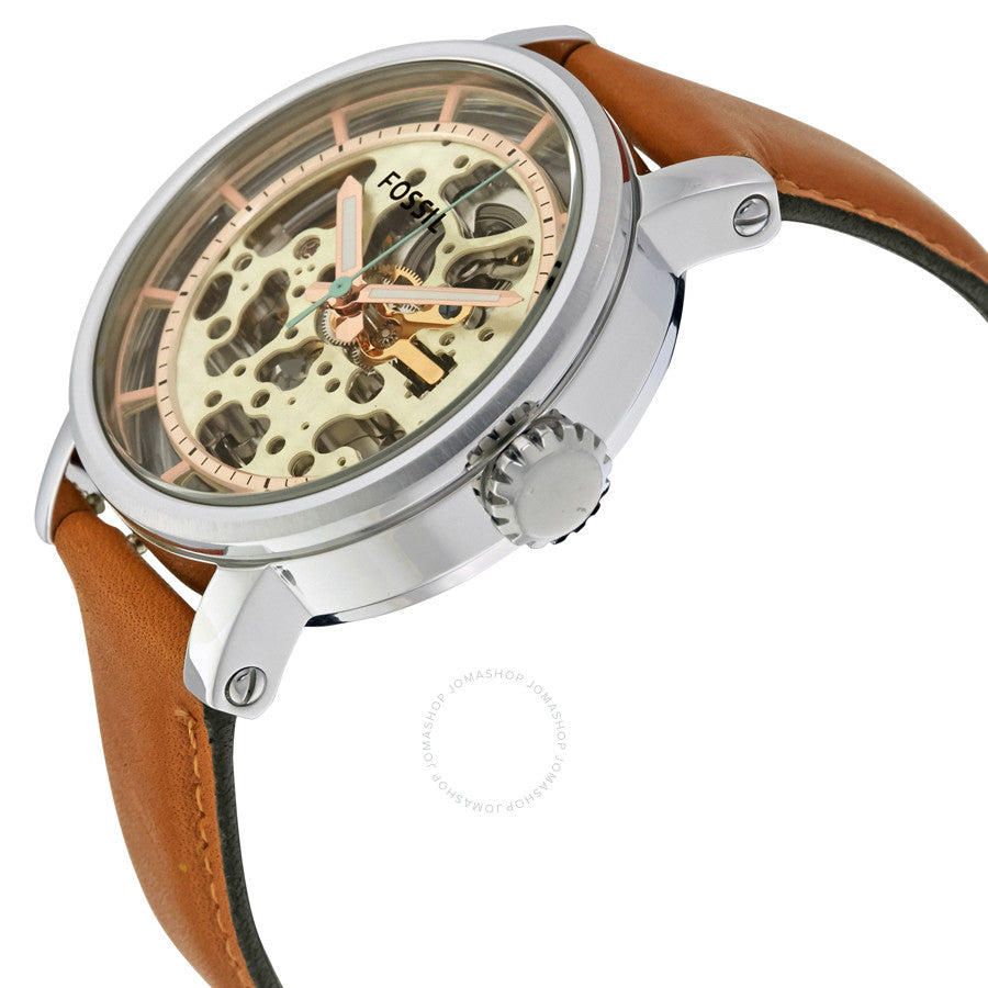 Side angle view of Fossil Original Boyfriend skeleton dial watch with exposed mechanical movement