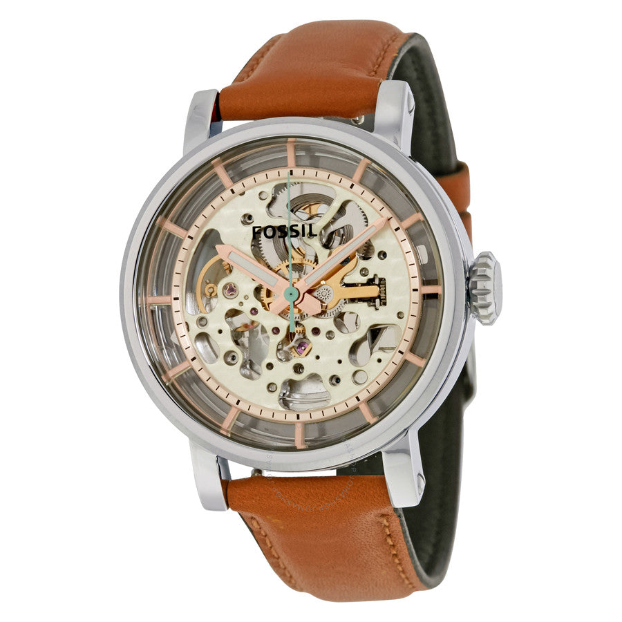 Fossil Original Boyfriend automatic skeleton watch with silver case and cognac leather strap