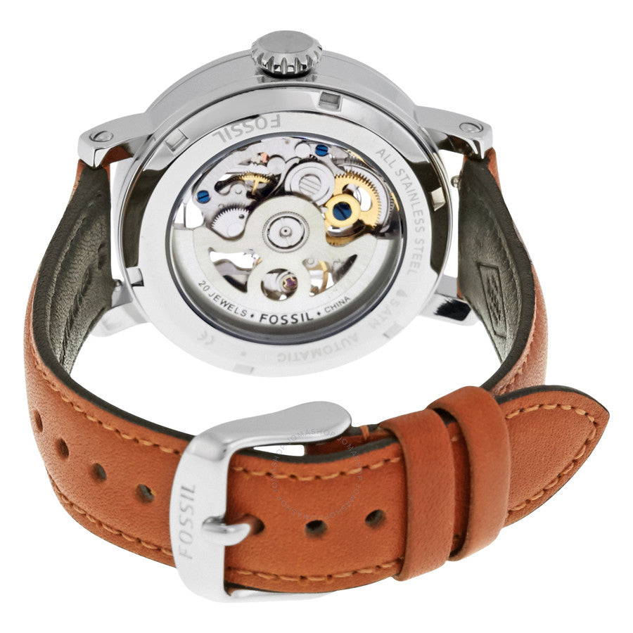 Fossil Original Boyfriend caseback showing visible automatic movement and cognac leather strap