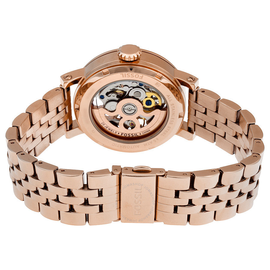 Fossil Original Boyfriend rose gold skeleton watch caseback showing automatic movement