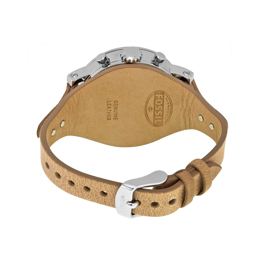 Fossil Original Boyfriend watch caseback showing tan leather strap and stainless steel case