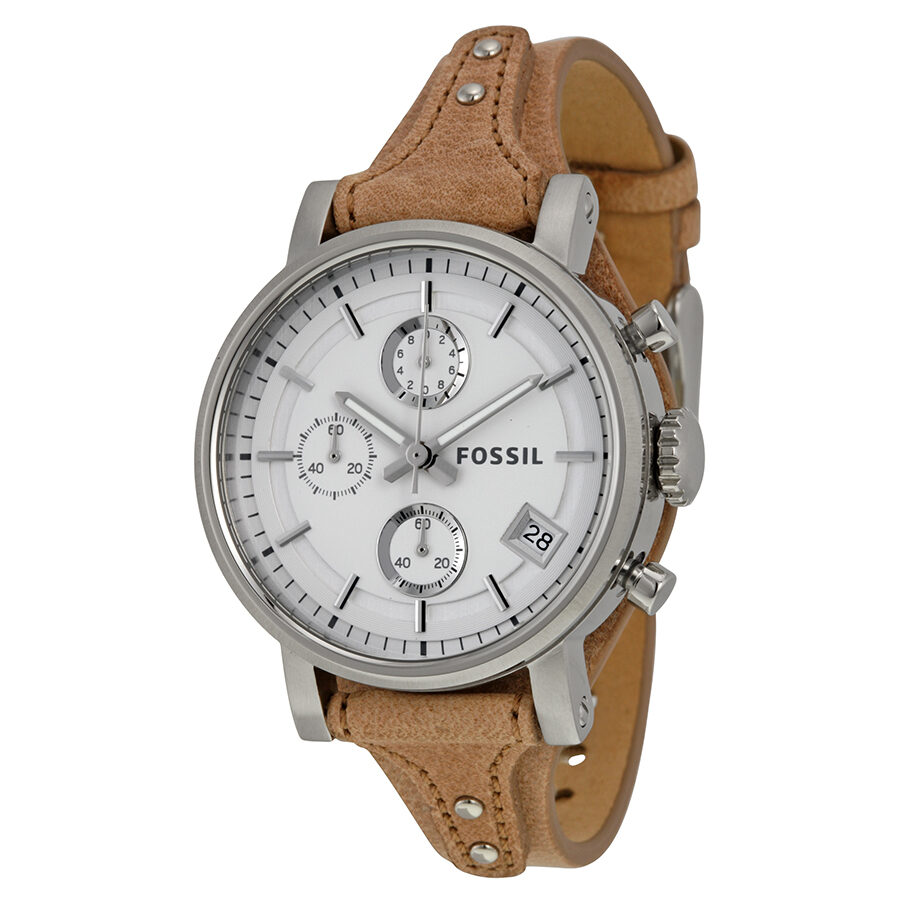 Fossil Original Boyfriend chronograph women's watch with white dial and tan leather strap