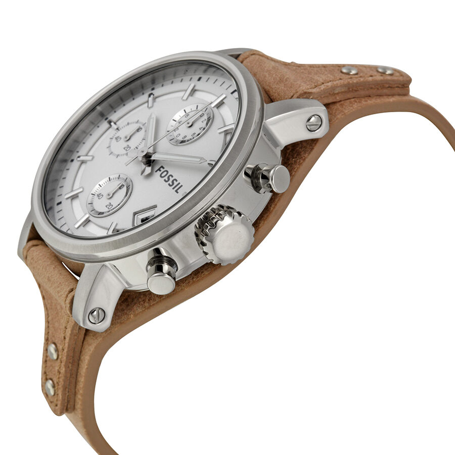 Fossil Original Boyfriend chronograph watch with side view showing tan leather strap and pushers