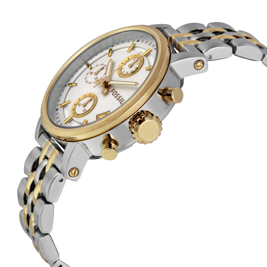 Side angle view of Fossil Original Boyfriend two-tone chronograph watch showing case profile and bracelet