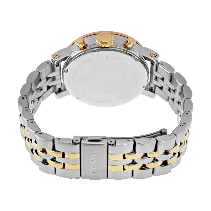 Fossil Original Boyfriend watch caseback showing two-tone stainless steel bracelet and clasp