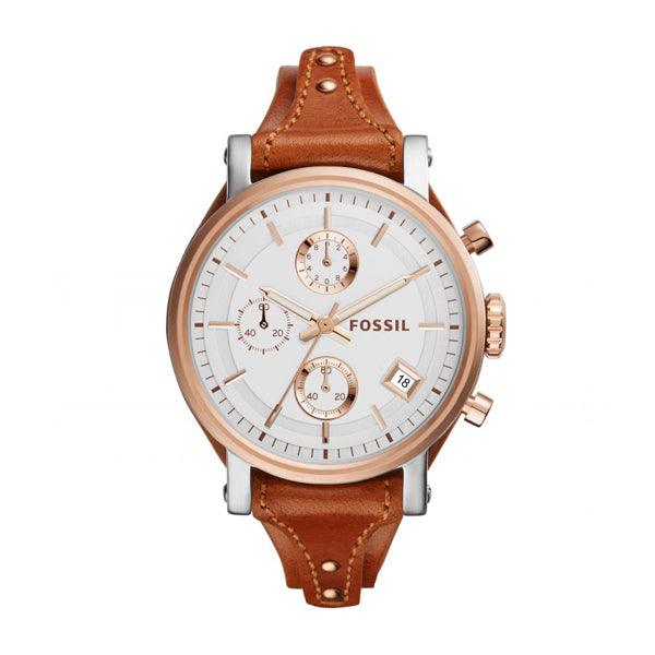 Fossil Original Boyfriend chronograph watch with silver dial, rose gold case, and brown leather strap