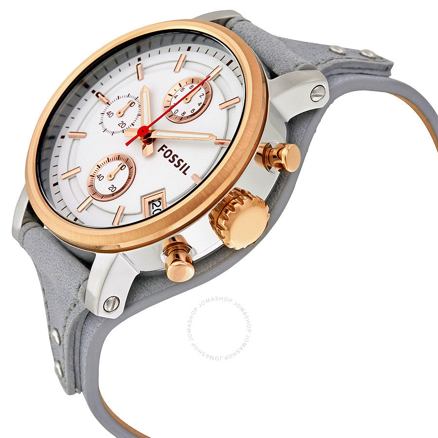 Angled view of Fossil Boyfriend chronograph showing rose gold case, white dial, and subdials