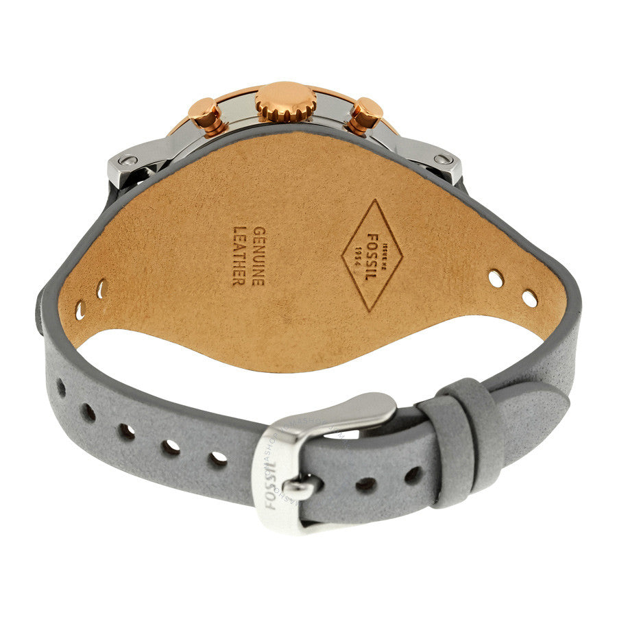 Fossil Original Boyfriend watch caseback showing tan leather with branding and date window