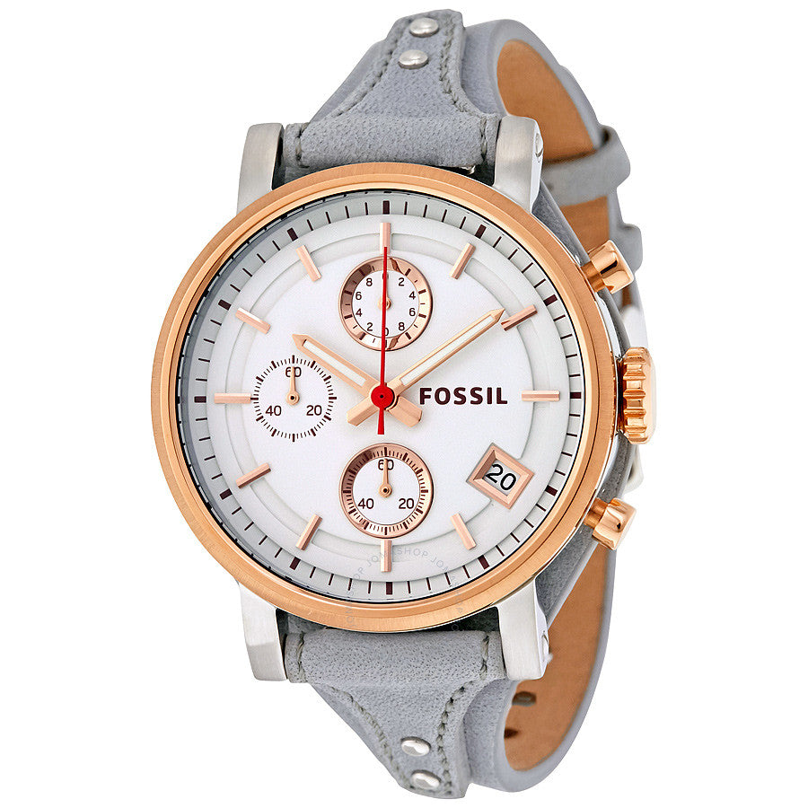 Fossil Original Boyfriend chronograph watch with white dial, rose gold bezel, and grey leather strap