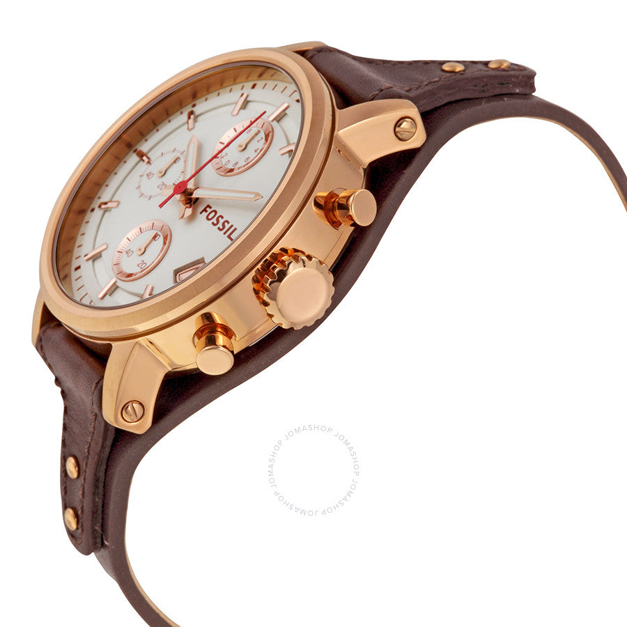Side angle view of Fossil Original Boyfriend chronograph showing rose gold case profile and brown strap