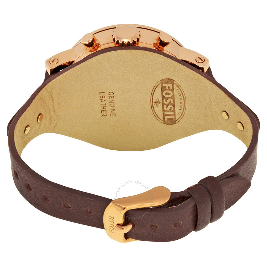 Caseback of Fossil Original Boyfriend chronograph watch with engraved details and brown leather strap