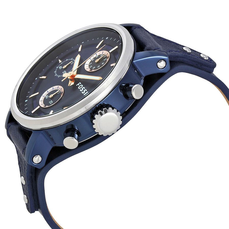 Side angle view of Fossil Original Boyfriend chronograph watch showing navy leather strap and crown