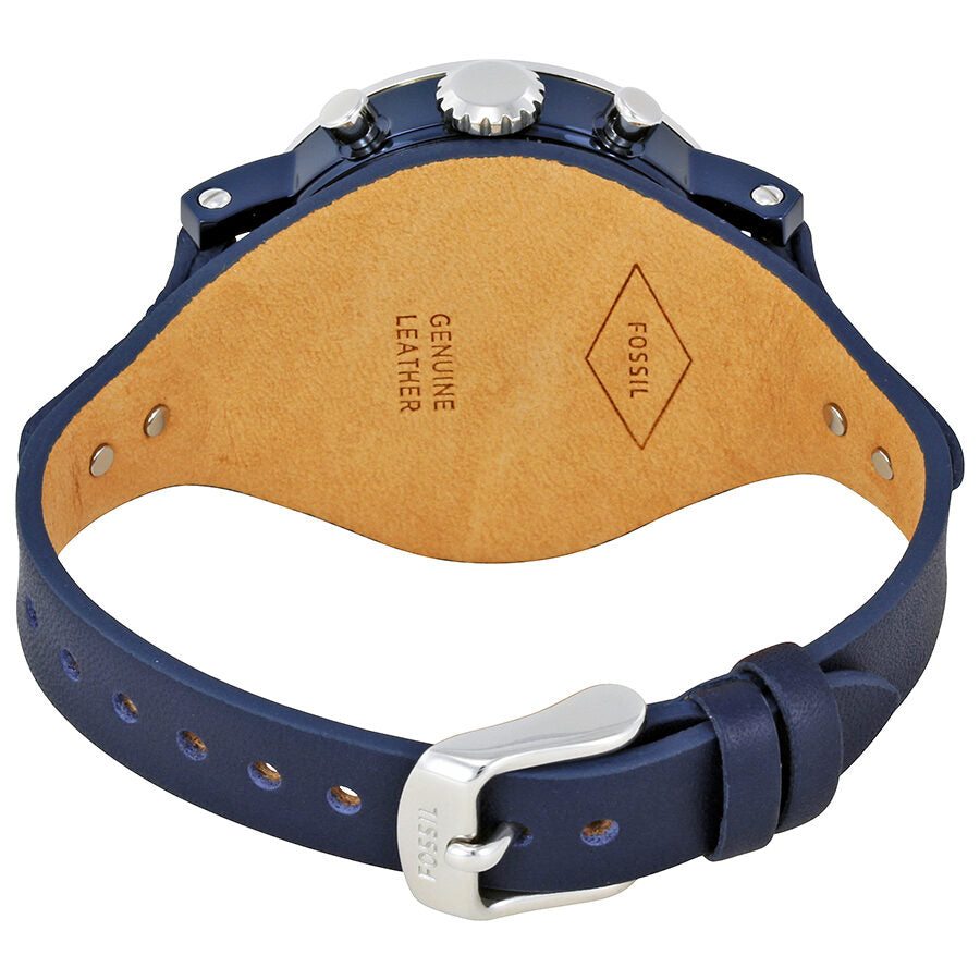 Caseback view of Fossil Original Boyfriend watch showing tan leather interior and metal hardware