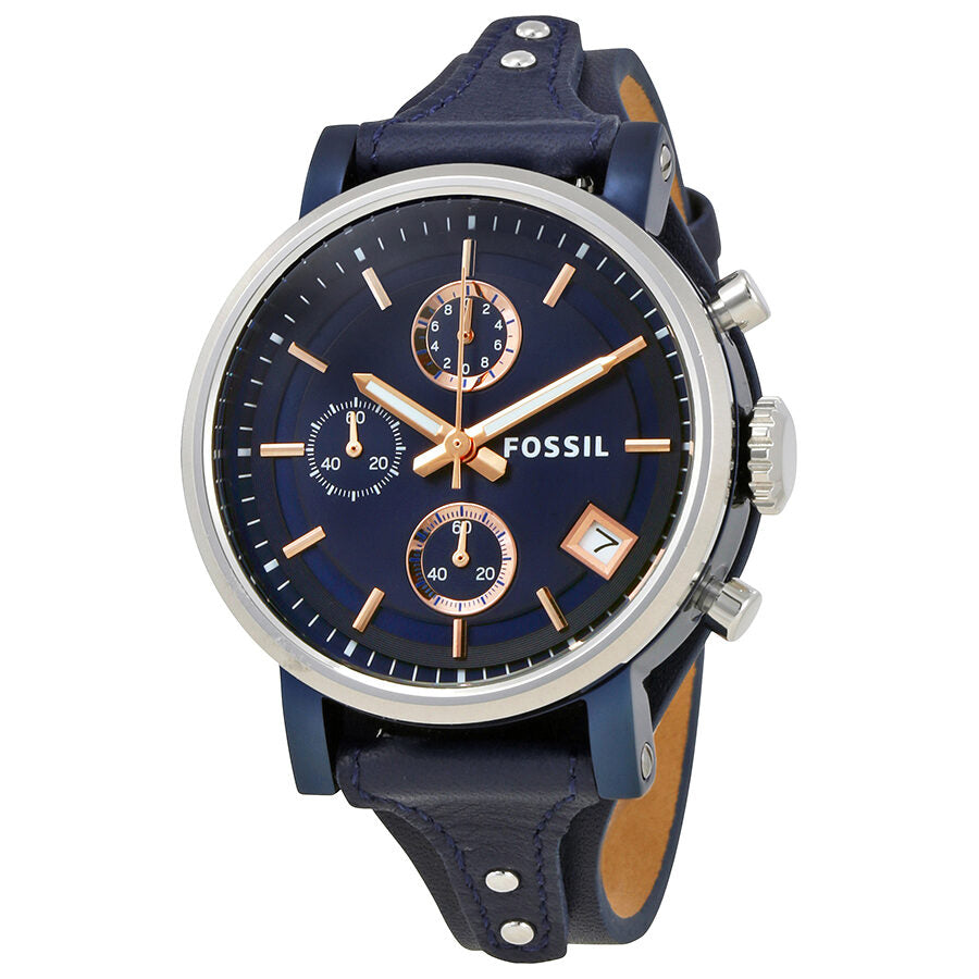 Fossil Original Boyfriend chronograph watch with navy blue dial and rose gold accents on navy leather strap