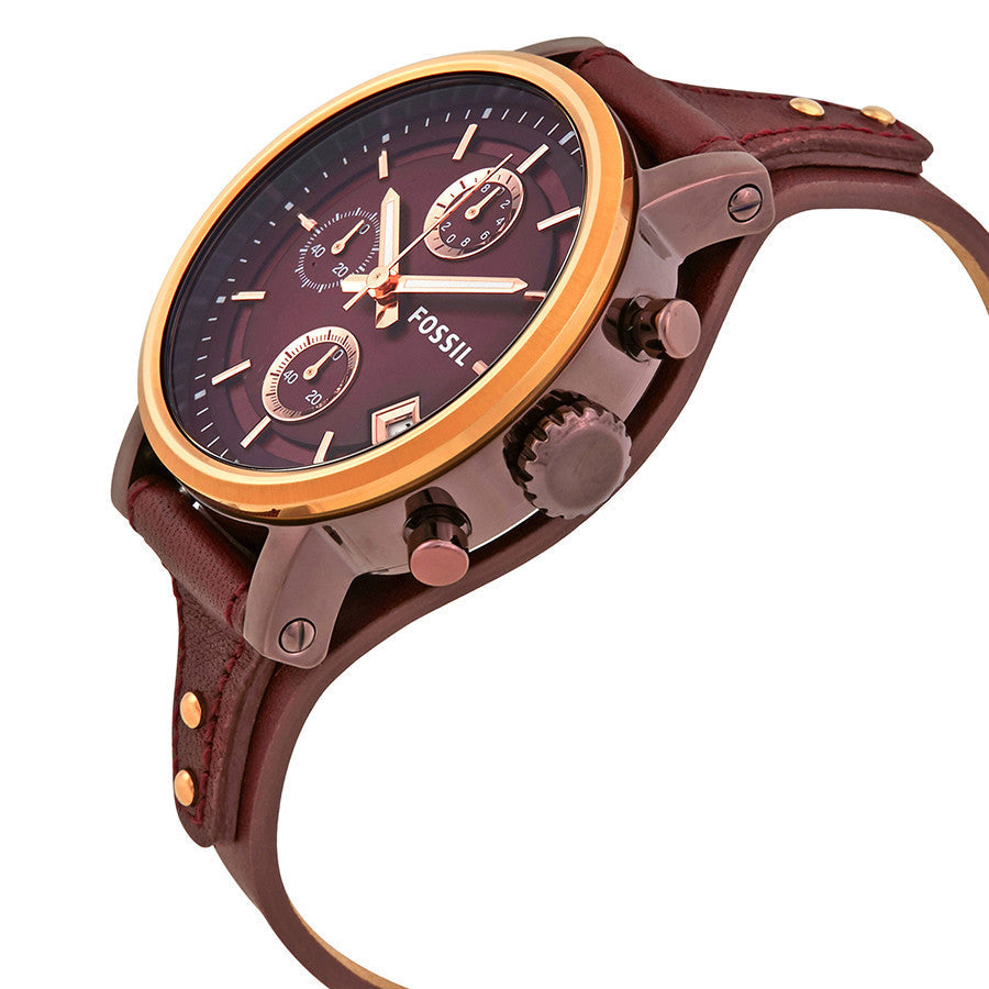 Fossil Original Boyfriend Chronograph side view with burgundy leather strap