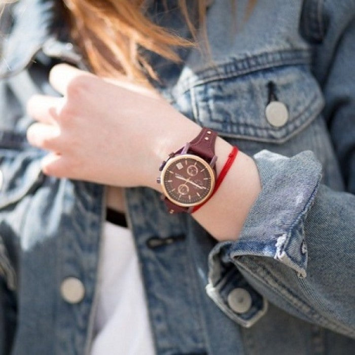 Fossil Original Boyfriend Chronograph worn on wrist with burgundy dial