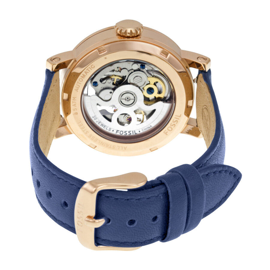 Fossil Original Boyfriend watch caseback displaying automatic movement through transparent sapphire crystal