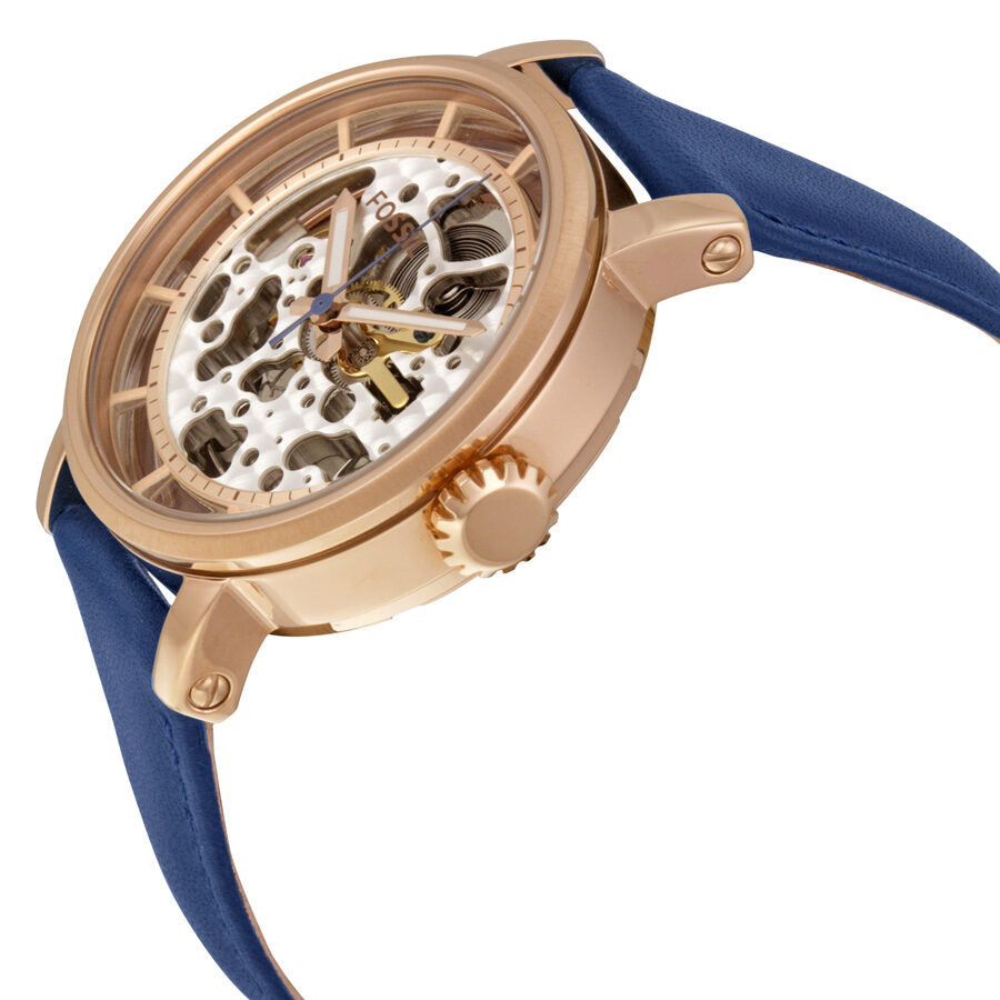 Side view of Fossil Original Boyfriend watch showing skeleton movement and rose gold case profile