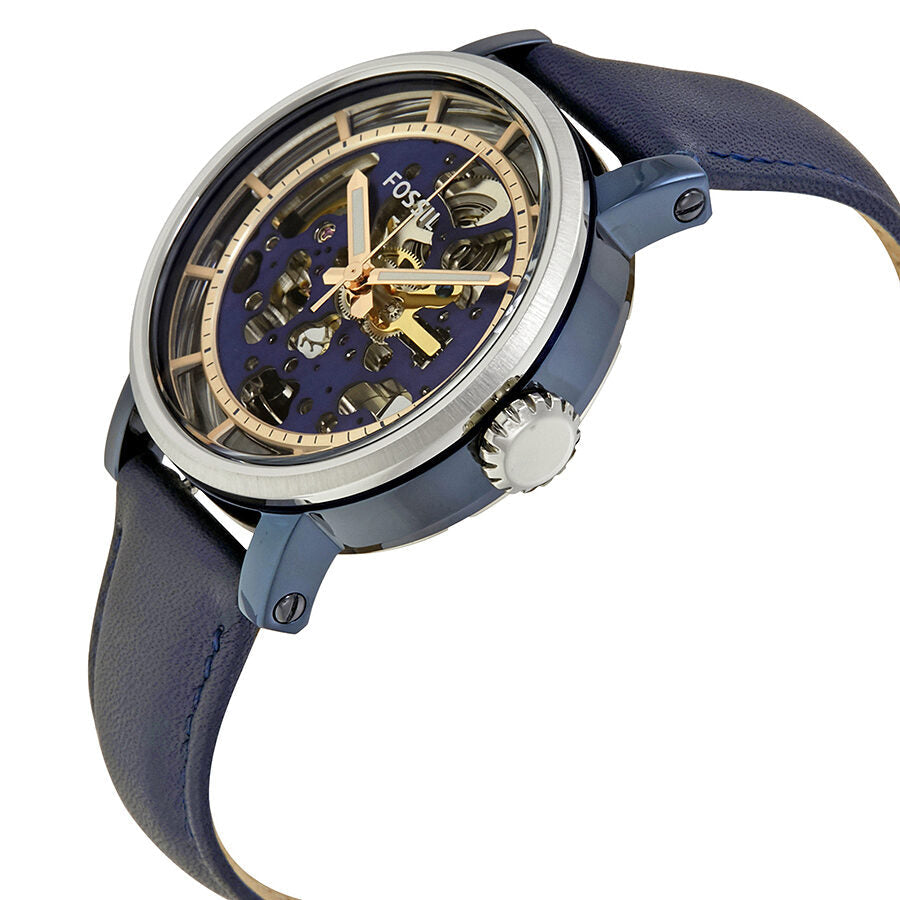 Fossil Original Boyfriend skeleton watch on wrist with blue strap showing dial at angle