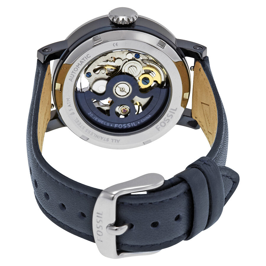 Fossil Original Boyfriend automatic watch caseback displaying visible movement and mechanism