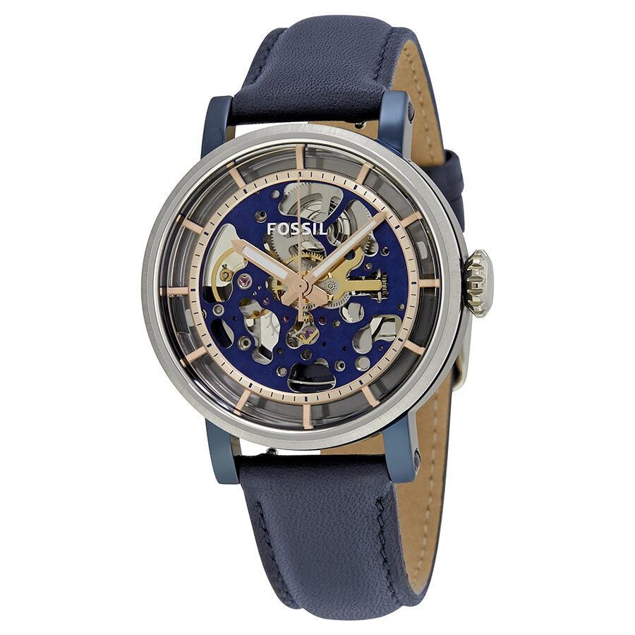 Fossil Original Boyfriend automatic skeleton dial men's watch with blue leather strap and steel case