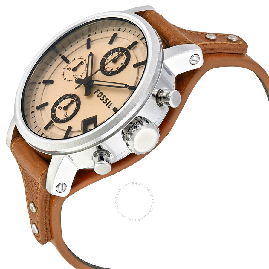 Fossil Original Boyfriend Sport watch angled view showing dial and brown leather band