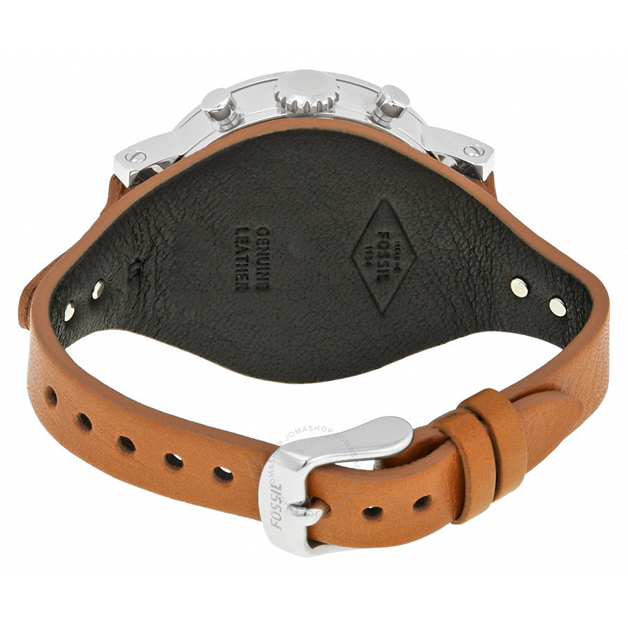 Fossil Original Boyfriend Sport watch caseback showing brown leather and black inner case