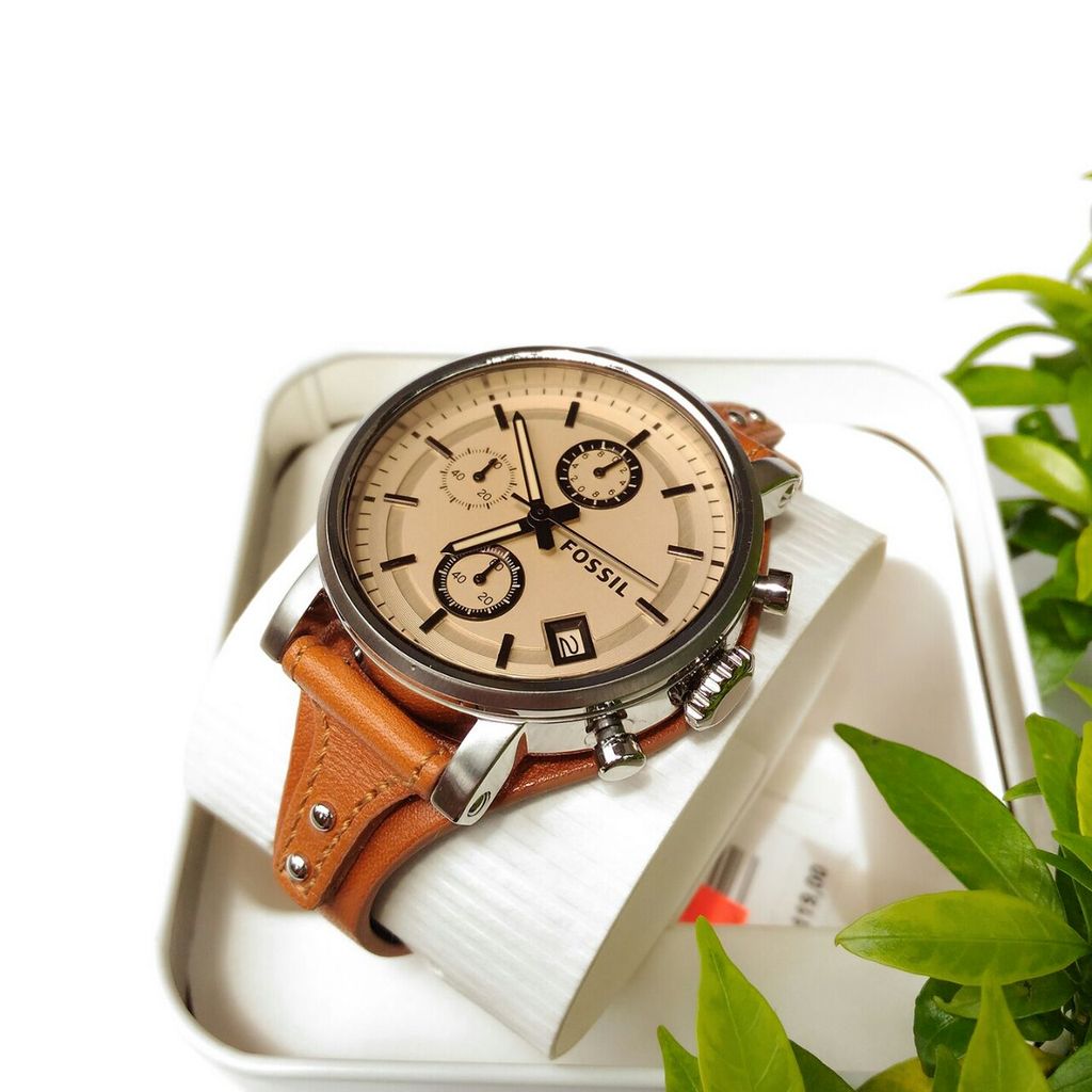 Fossil Original Boyfriend Sport Chronograph watch displayed on white box with green plant